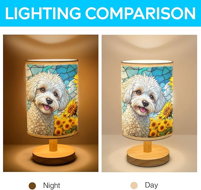 Bichon Frise Table Lamp LED 3-Color Pressed Bedside, Dog Shade Lamp with Wood Base for Bedroom Living Room Desk Office - Bloomnest