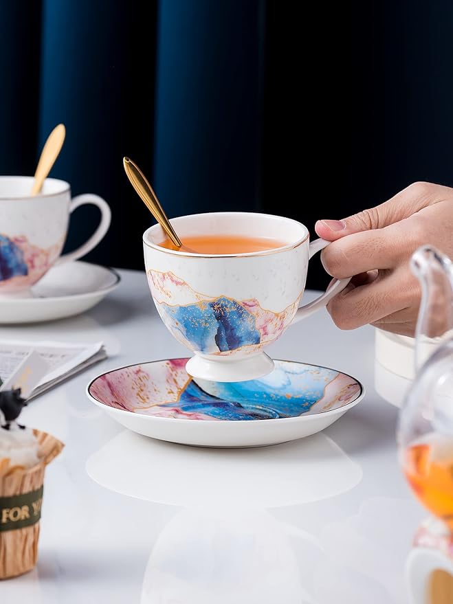 Jusalpha Fine China Rainbow Galaxy Series Glass Tea Pot with Infuser-Teapot Warmer Teacup and Saucer Set with Spoon in Gift Box- 16 pcs in 1 set, (FD Glass pot set 08) - Bloomnest