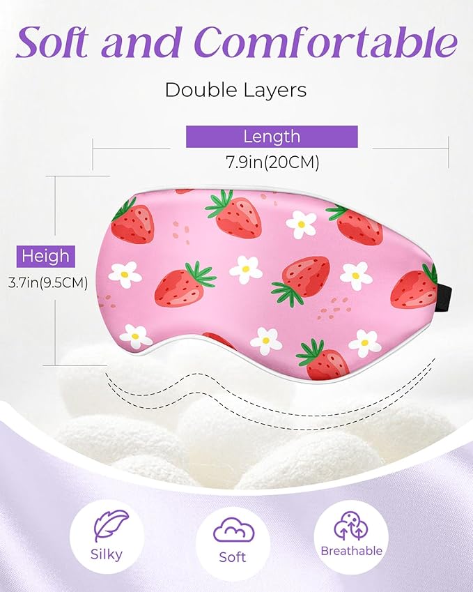 Sleep Mask for Kids - Silk Eye Mask for Sleeping Cute Cartoon Kids Sleep Mask for Boys Girls Teens Soft Smooth Adjustable Straps Silk Kids Eye Cover, Strawberry - Bloomnest
