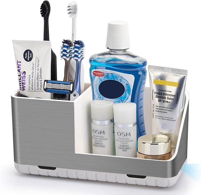Toothbrush Holders for Bathroom Countertop Organizer, Brushed Nickel Tooth Brush Holder, Kids Electric Toothbrush and Toothpaste Holder with Drainage (Brushed Silver) - Bloomnest