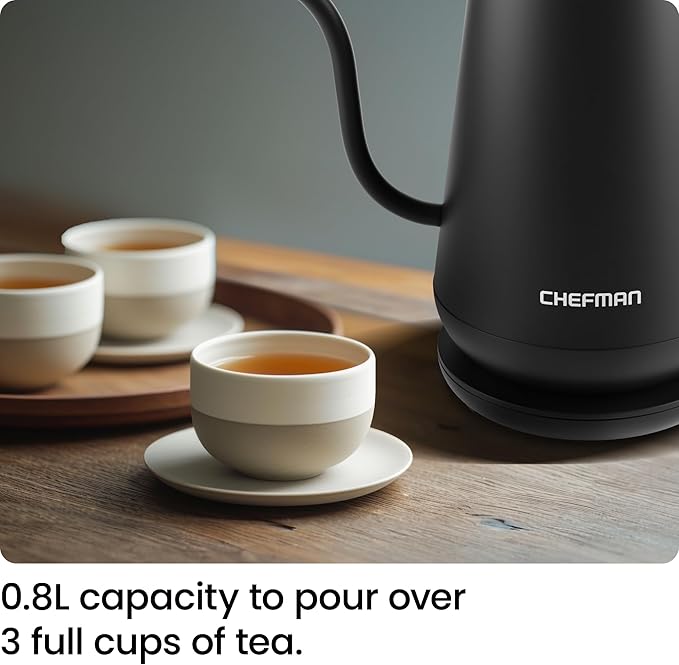 Chefman Gooseneck Electric Kettle, 0.8L Pour Over Tea Kettle for Coffee and Tea, One-Touch Operation, Boil-Dry Protection, Auto Shut-Off, Ultra-Fast Hot Water Boiler – Black - Bloomnest
