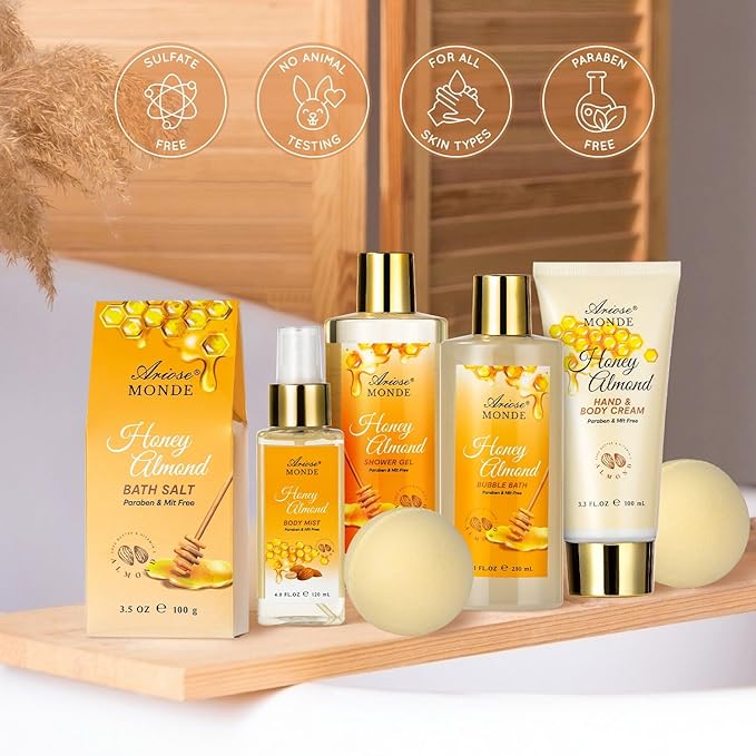 Bath & Body Gift Set, Luxury Home Spa Bath Gift Basket, Honey Almond Scented Bath Set, Pamper Gifts for Women & Teens, 15 Pcs Relaxing Home Spa Kit with Bubble Bath, Bath Salts, Body Lotion - Bloomnest