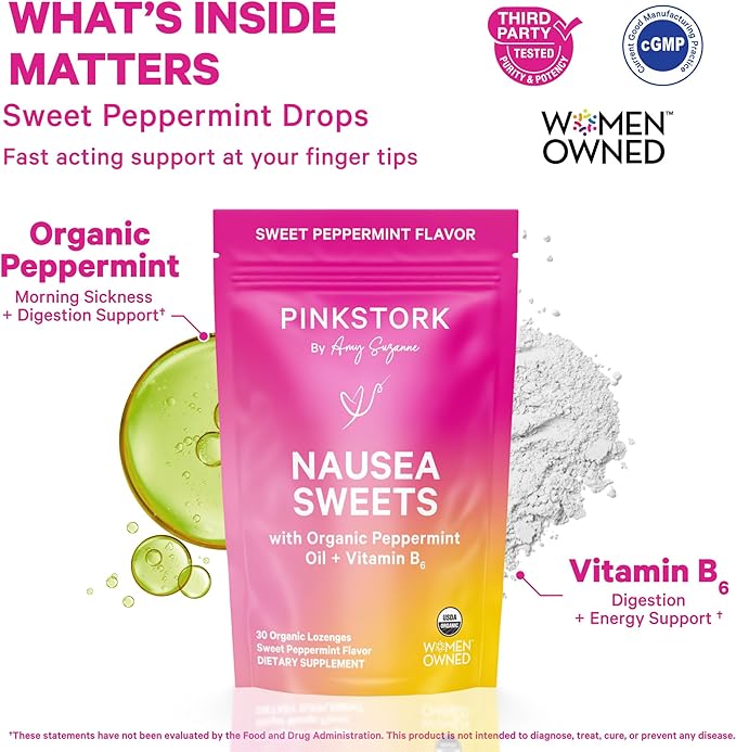 Pink Stork Organic Peppermint Sweets for Morning Sickness and Motion Sickness Support, Added Vitamin B6, 1st Trimester Pregnancy Must Haves - 30 Wrapped Peppermint Candies - Bloomnest