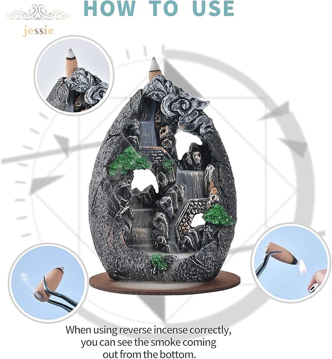 Backflow Incense Holder Resin Mountain Incense Burner Fountain Waterfall Incense Holders Home Decor with 120 Pcs Backflow Incense Cones 30 Pcs Incense Sticks (Creek) - Bloomnest