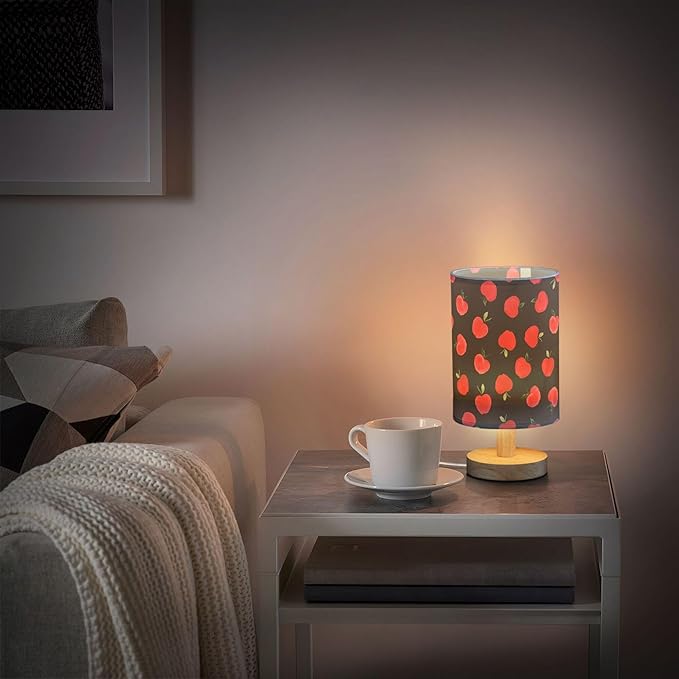 Table Lamp Watercolor Red Apple Pattern Black Nightstand Lamp with Wood Base Fabric Lamp Shade Bedside Desk Lamp for Living Room Bedroom Kids Room Office - Bloomnest