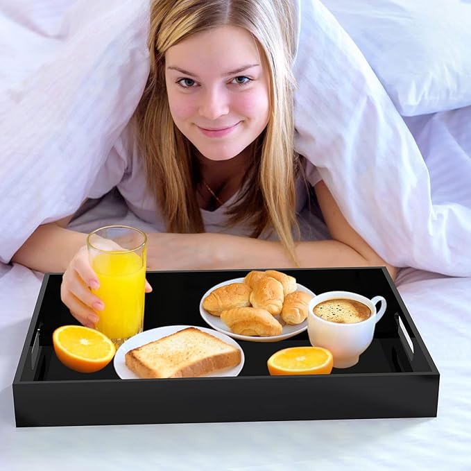 Acrylic Serving Trays with Handles, 16"x 12" Rectangle Sturdy Breakfast Tray, Black Decorative Trays Organiser for Bedroom, Kitchen, Living Room, Bathroom, Hospital and Outdoors - Bloomnest