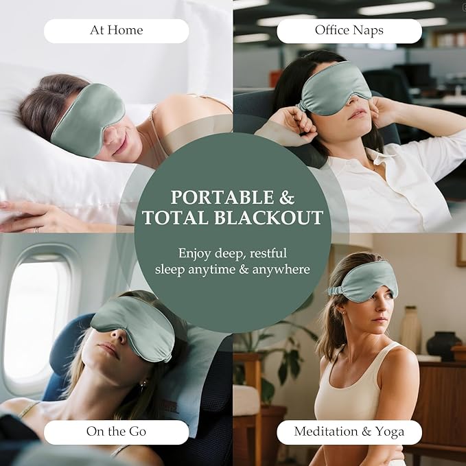 100% Mulberry Silk Sleep Mask for Unisex, 22 Momme 3D Silk Contoured Eye Mask, Breathable Light Blocking Blindfold with Adjustable Strap, Blackout Eye Cover for Travel, Grayish Green - Bloomnest