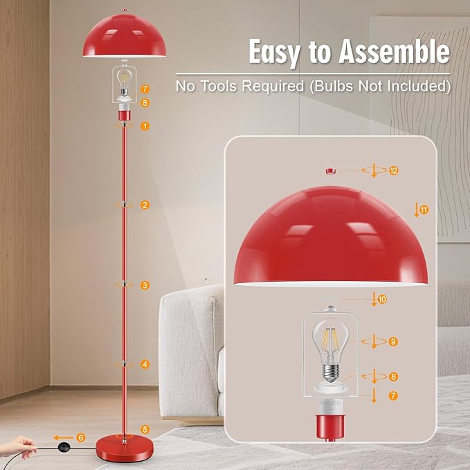 Industrial Floor Lamp, Red Floor Lamp for Living Room, 66Inch Tall Modern Standing Lamp, Stand Up Lamp with Metal Dome Shade, Mid Century Corner Reading Lamp for Bedroom Office Nursery Room, NO BULB - Bloomnest