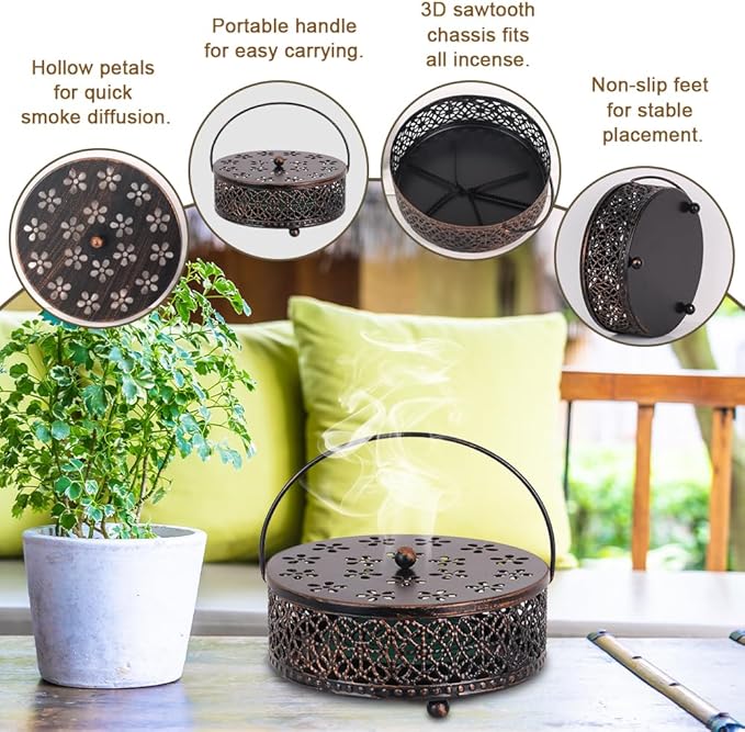 Portable Mosquito Coil Holder, hogardeck 6.3" Round Fireproof Metal Mosquito Incense Holder with Handle, Retro Hollow Incense Burner Yard Art for Garden, Lawn, Patio (Bronze, 2 Pack) - Bloomnest