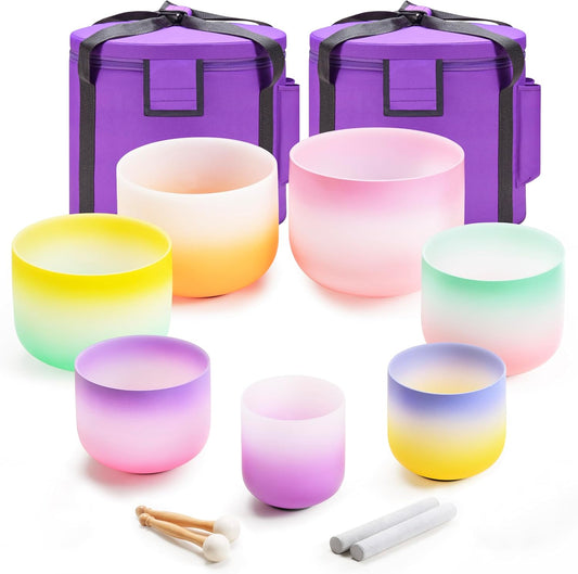 440HZ 6"-12" Set of 7 PCS Frosted Quartz Color Crystal Singing Bowl Set Sound Healing with Sound Bowl Mallet Suede Stick Heavy Duty Carry Cases