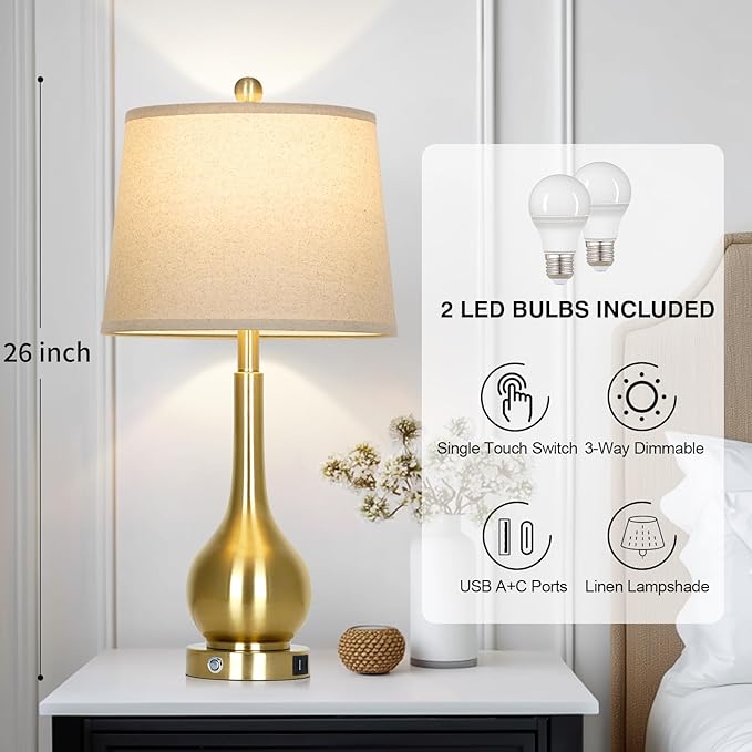26" Gold Table Lamps Set of 2 for Living Room, Touch Control Bedroom Lamps for Nightstand, 3-Way Dimmable Bedside Lamp with USB A+C Port (2 LED Bulbs Included) - Bloomnest