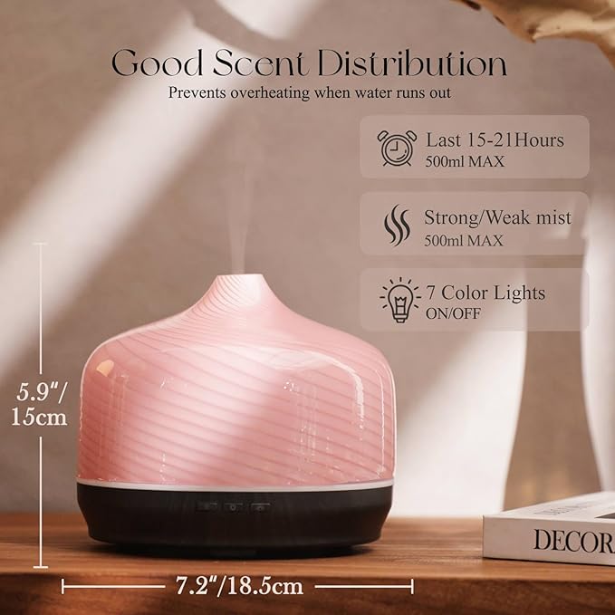 Porseme 500ml Glass Essential Oil Diffuser Aromatherapy Ultrasonic Cool Mist Humidifier 15-21 Running Hours Waterless Auto-Off Air Diffusers for Sleeping Yoga Office Working Spa and Rest (Pure Pink) - Bloomnest