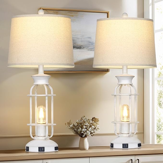 28" Vintage Table Lamps with USB C+A Ports & Outlet, Industrial Farmhouse Table Lamp for Living Room, Rustic Mid Century Modern Bedside Lamps with Nightlight & Beige Fabric Lampshade, Oil-Rubbed White - Bloomnest