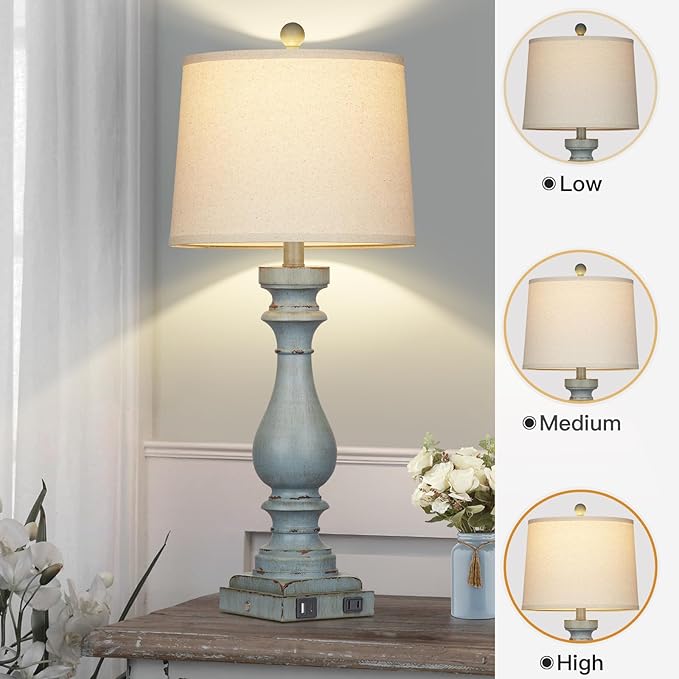 29" Tall Table Lamp for Living Room Set of 2,Coastal Bedside Nightstand Lamps with USB C+A Ports & AC Outlet,3-Way Dimmable Touch Control Retro Blue Desk Lamp for Bedroom,Color 3 - Bloomnest