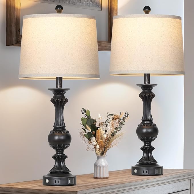 28" Farmhouse Table Lamps Set of 2, Retro Lamps for Living Room with USB C+A Ports & AC Outlet, 3 Way Touch Control Resin Bedside Lamp, Rustic Bedroom Lamp for Nightstand Side End Table Desk, Black - Bloomnest