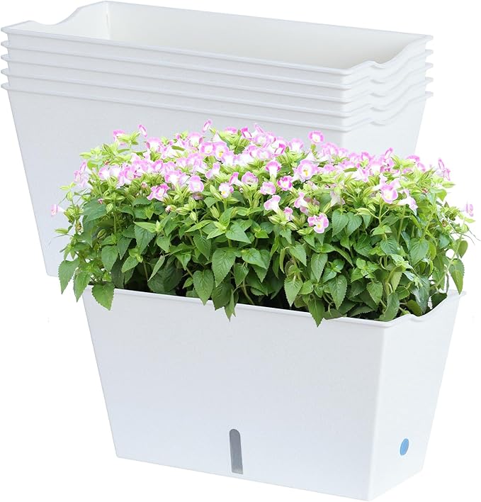 Window Box Planter 6 Pcs, 12.1 Inches Self Watering Plant Pots Rectangle Flower Pots with Drainage Holes and Breathable Trays, Vegetable Planters for Windowsill Patio Garden Balcony Porch Yard (White) - Bloomnest
