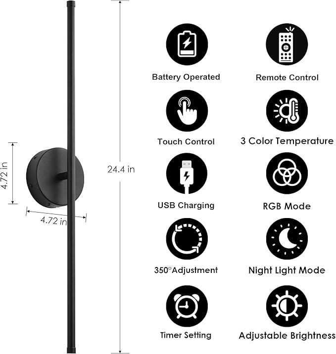 Battery Operated Wall Sconces Set of Two, with Remote Control, Dimmable, Warm White/Natural White/Daylight/RGB, 350°Rotate, LED Black Wireless Wall Light for Living Room, Bedroom, 24.4 Inch - Bloomnest