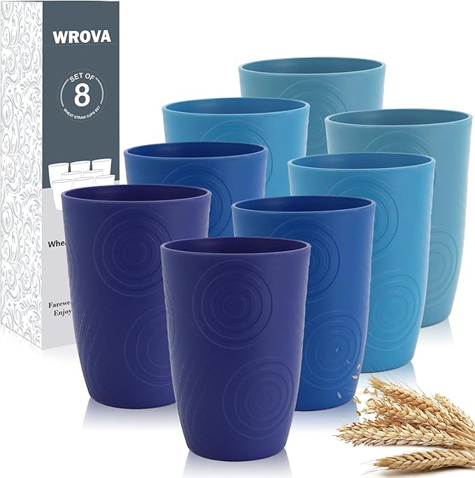 Wrova Wheat Straw Cups 16oz set of 8 - Alternative Plastic Cups Dishwasher Safe - Plastic Drinking Cups Unbreakable for Kids - Ocean Series - Bloomnest
