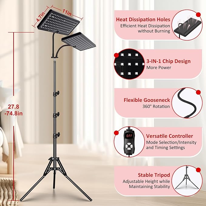 Red Light Therapy Lamp, Infrared Light Therapy Device with Stand, 660nm Red and 850nm Near Infrared Red Light Therapy for Body and Face Pain Relief Skin Care(Dual Lamps) SAVILER