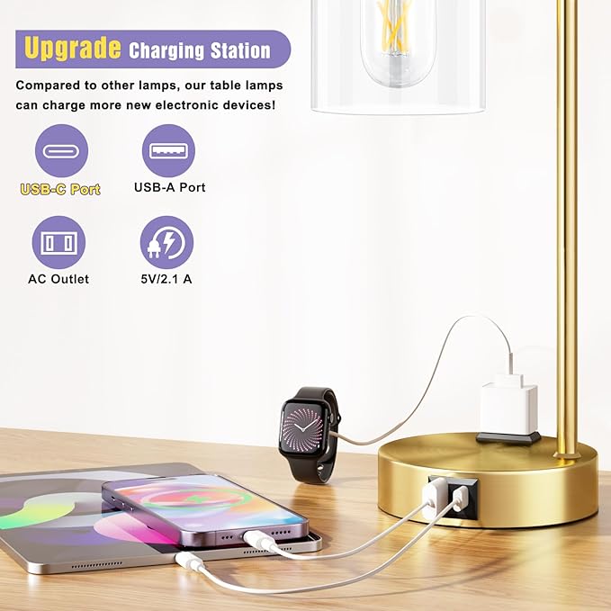 Innqoo Industrial Gold Table Lamp for Bedrooms Set of 2-3-Way Dimmable Desk Lamp with USB C+A Ports and Outlet, Gold Lamps with Clear Glass Shade for Living Room, Desk Lamps for Home Office - Bloomnest