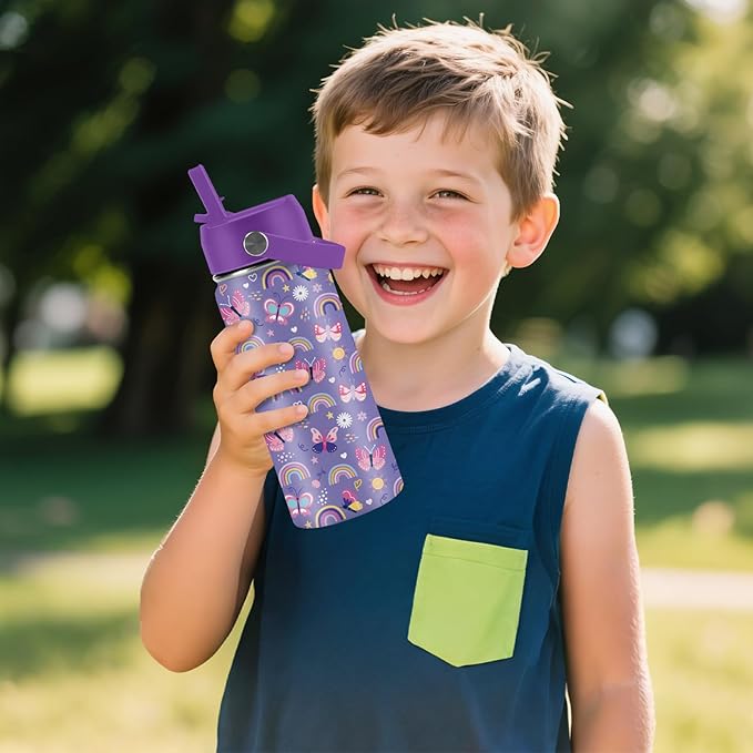 Butterfly Gifts - 16oz Purple Kids Water Bottle with Straw Lid, Stainless Steel Insulated Tumbler, Leakproof, BPA-Free, for Girls, School, Travel - Butterfly Rainbow Themed Birthday Gift Cup (1pc) - Bloomnest