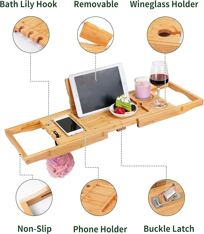 Utoplike Bamboo Bathtub Caddy Tray Bath Tray for Tub, Adjustable Bathroom Bathtub Organizer with Book Tablet Wine Glass Cup Towel Holder (24.5"-37.4") - Bloomnest