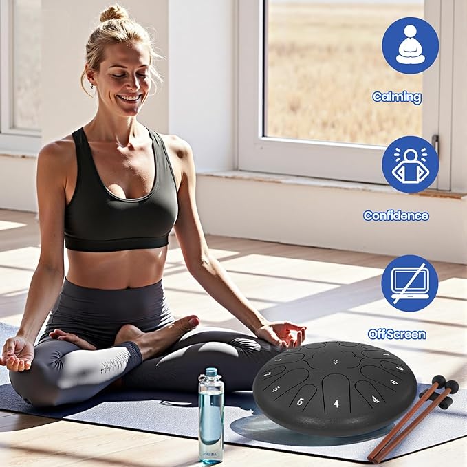 Steel Tongue Drum, 12 Inch 15 Notes Outdoor Rain Drum, Hand Pan Drums, with Music Book, Handpan Drum Mallet, and Carry Bag (Black, 12 Inch)