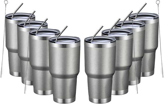 MEWAY 30oz Insulated Tumbler With Lids and Straws,Stainless Steel Double Vacuum Coffee Tumbler Cup, Brush, Durable Powder Coated Coffee Cup for Cold & Hot Drinks(Cold Grey,8 PACK) - Bloomnest