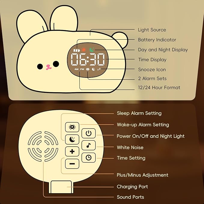 Bunny Alarm Clock with Night Light for Kids with Sleep Training and Sound Machine, Rechargeable Silicone Lamp OK to Wake Clock，Cute Animal Tabletop Lamp, Perfect Sleep Companion for Boys Girls - Bloomnest