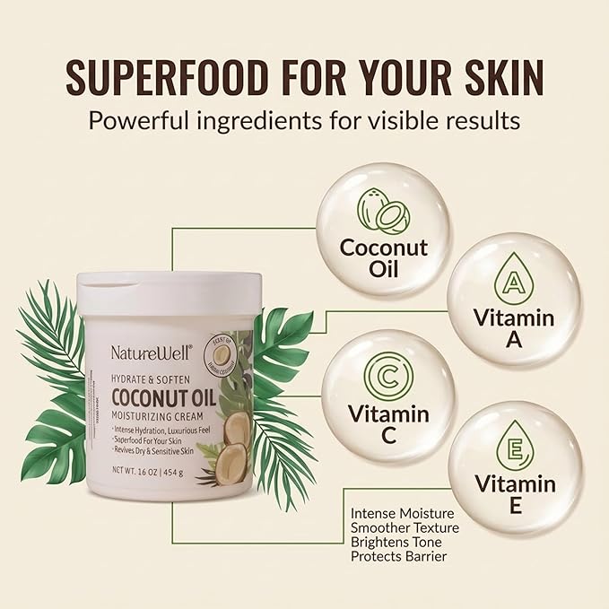 NATURE WELL Hydrate & Soften Coconut Oil Moisturizing Cream for Face, Body, & Hands, Non-Greasy, Intense Hydration & Luxurious Feel, Revives Dry & Sensitive Skin, Superfood for Your Skin, 16 Oz