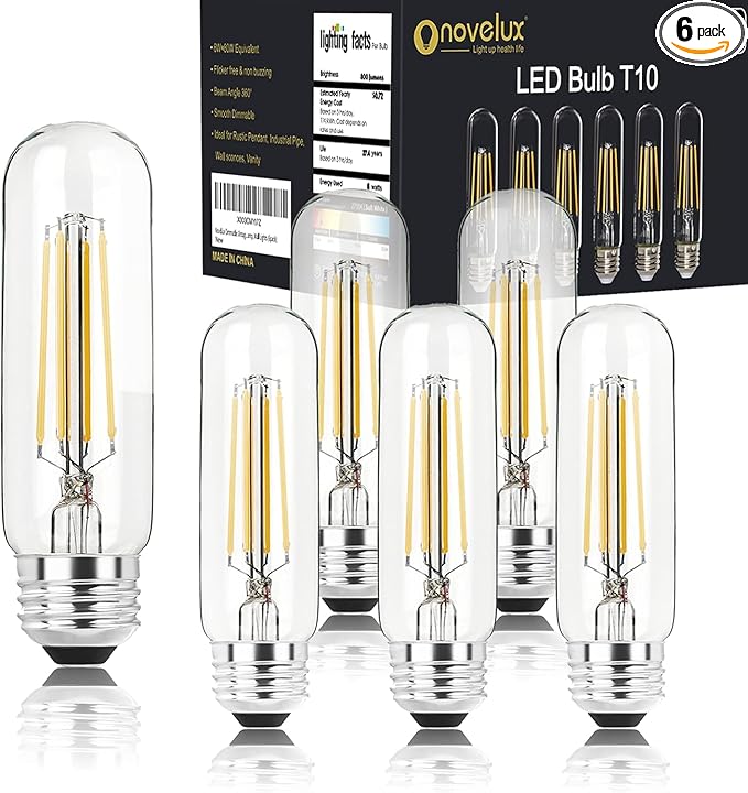 5 Inch Edison Bulb, 5000K Daylight White E26 Led Bulb 6W Dimmable, 800LM T10 T9 Bulb Clear Glass Tubular Light Bulbs, AC 120V Equal 80 Watt Bulbs for Chandelier Pendant Wall Light - 6Pack - Bloomnest