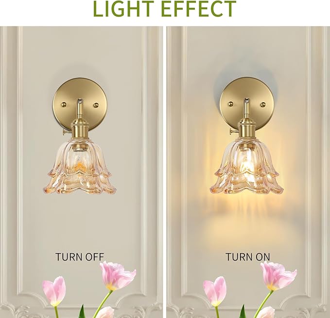 Vintage Wall Sconces Set of 2, Rose Amber Lampshade & 180 Degree Adjustable, Brass Wall Lights, for Bedroom Living Room Hallway Aisle, Bulbs Not Included, ETL Listed - Bloomnest