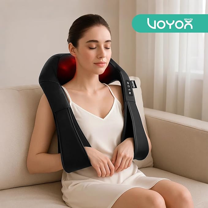 VOYOR-HEALTH Shiatsu Neck and Back Massager, Electric Deep Tissue 4D Kneading Massage with Heat for Shoulder, Lower Back, Leg and Body Muscle Pain Relief, Home & Office Use(Dark Black)