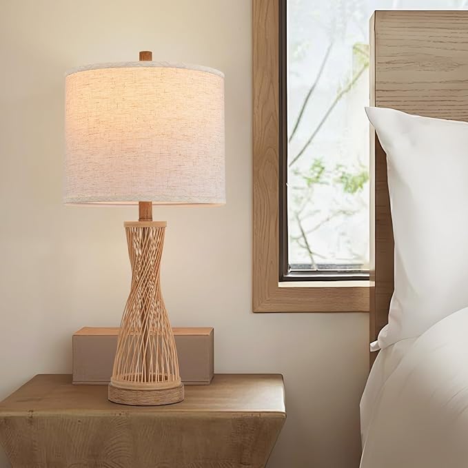 Lamps for Bedroom Wooden Bamboo Strip Table Lamp Farmhouse Bedside Lamps Set of 2 Wood Table Lamp Desk Light Bedroom Lights Bedside Lamps Set of 2,Linen Shade, 25.5 in - Bloomnest