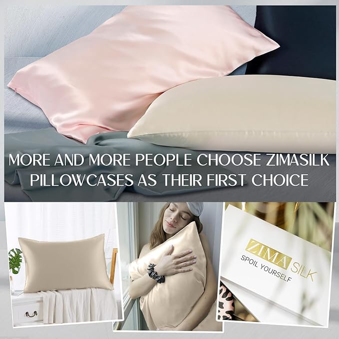 ZIMASILK 100% Pure Mulberry Silk Pillowcase 2 Pack, Soft and Smooth,Both Sides Premium Grade 6A Silk,600 Thread Count,with Hidden Zipper (Queen 20''x30'',Beige) - Bloomnest