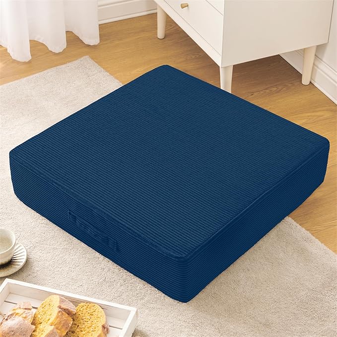 Wellsin Solid Square Floor Pillows for Adults Kids - Large Meditation Floor Pillow Seating Cushion with Thick Foam & Washable Velvet Cover, 1 Pack, 22x22x5 Inch, Dark Blue