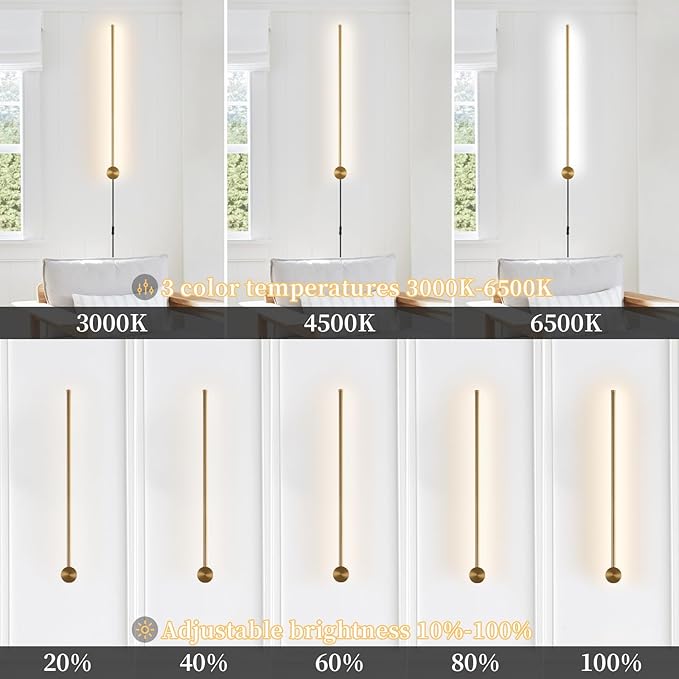 dimmable Modern Plug in Wall Sconce Set of 2, 23.6" Gold Brushed Wall Lights, Indoor Wall lamp Background Lighting with Memory Function, Applicable to Living Room and Bedroom 3000K 4000K 6000K - Bloomnest