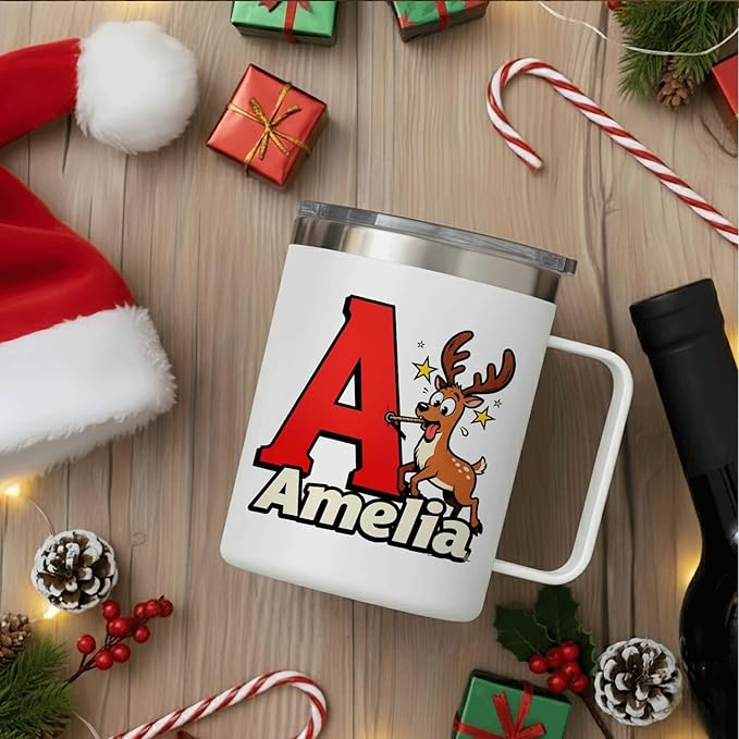 Personalized Christmas Mug with Name Initial - Funny Goofy Reindeer 12oz Insulated Stainless Steel Coffee Cup Tumbler with Handle & Lid - Silly Holiday Xmas Gifts for Kids, Boys, Men, Family (B154) - Bloomnest