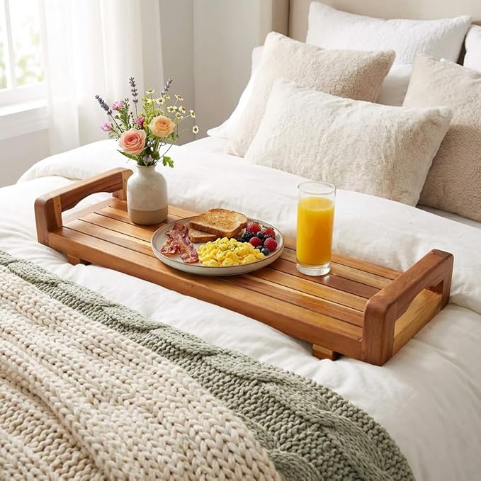 EcoDecors, 34 inch, with LiftAid Handles, Bath Tray for Tub, Bath Tub Tray Wood, Bathtub Table, Caddy for Bathtub in Natural Teak - Bloomnest