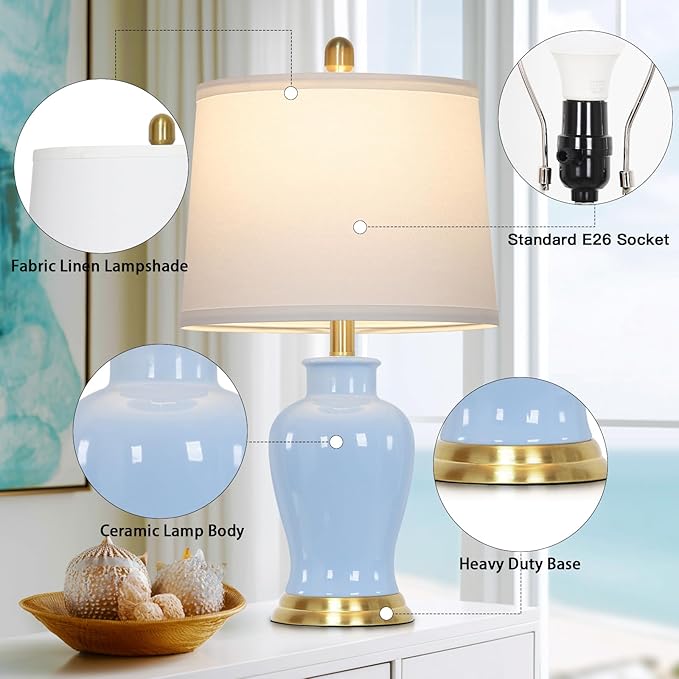23" Modern Blue Ceramic Table Lamps Set of 2, Coastal Ceramic Lamps for Living Room, Classic Bedside Lamp with Ginger Jar Design, Elegant Bedroom Lamp for Night stand Desk Side End Table Home Decor - Bloomnest