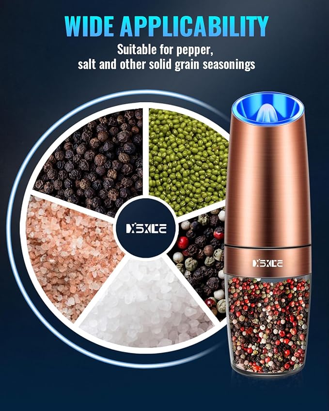 XinXu Gravity Electric Pepper/Salt Grinder, Salt or Pepper Mill, Adjustable Coarseness, Battery Powered with LED Light, One Hand Automatic Operation (Single/Copper) - Bloomnest