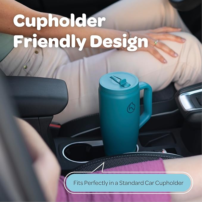Hydracy Soulmate 40 oz Tumbler with Handle and Flip Straw - 100% Leakproof Reusable Insulated Cup with Stainless Steel Straw - Cupholder Friendly Rubber Base Travel Mug - Twilight Teal - Bloomnest