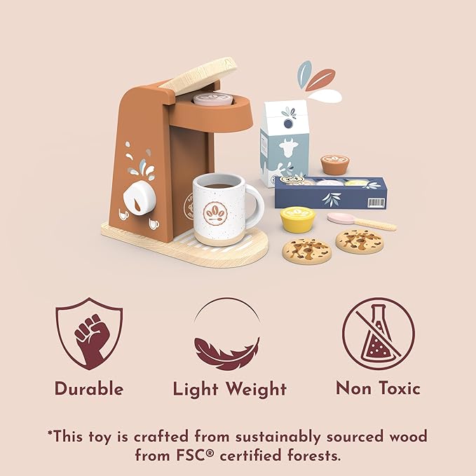 SPEEDY MONKEY Wooden Kids Coffee Machine Playset – FSC Certified Pretend Play Espresso Maker, Barista Role Play Café Set Toy for Toddlers, Boys & Girls, Coffee Grinder with Cups & Kitchen Accessories - Bloomnest