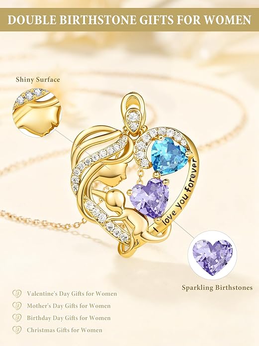 14K Gold Double Birthstone Heart Necklace for Women Mom, Mother Son/Daughter Pendant Necklace for Christmas Mother's Day Birthday Gifts for Wife Daughter Grandmom - Bloomnest