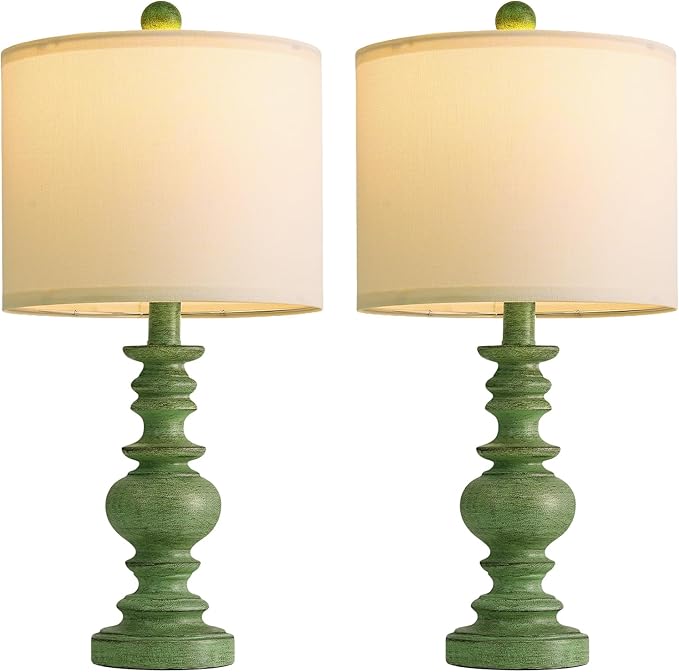 BOBOMOMO 20" Sage Green Table Lamps Set of 2 – Farmhouse Resin Bedside Lamps with Linen Shades, Handcrafted Traditional Rustic Lamp for Bedroom, Living Room, or Corner – Ideal for Small Spaces - Bloomnest