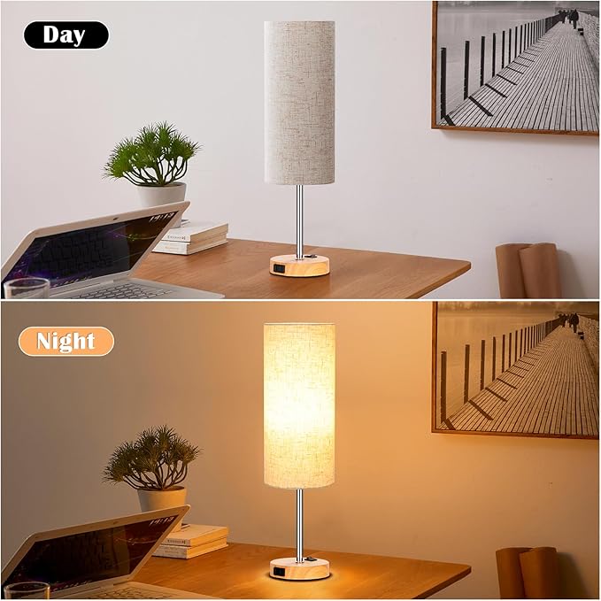 ZJOJO Table Lamp for Bedroom 2 Pack,18in Bedside Lamps with 3 Way Dimmable Rocker Switch & AC Outlet,Nightstand Desk Lamp with Flaxen Fabric Shade Woodgrain Base for Living Room Home Decor Lights - Bloomnest