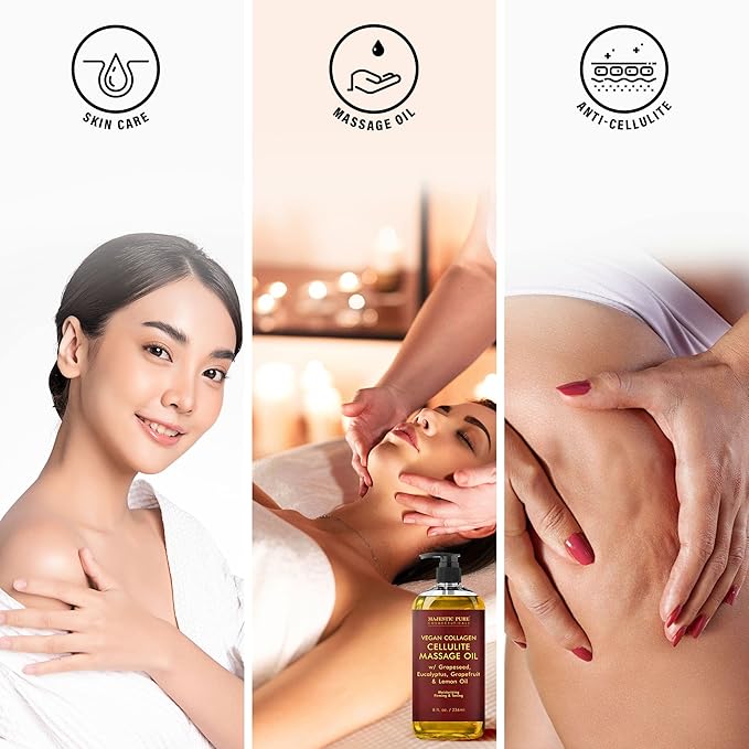 Majestic Pure Anti Cellulite Massage Oil for Massage Therapy - Refreshing, and Relaxing - Natural Oils with Vegan Collagen, Stem Cells & Cellulite Cream - All Skin Types - Men and Women - 8 fl oz - Bloomnest