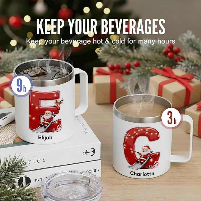 Personalized Christmas Insulated Coffee Mug with Handle – Custom Initial Letter [C] Double Wall Stainless Steel Travel Tumbler for Hot & Cold Drinks – Holiday Gift for Men,Women,&Kids(B113) - Bloomnest
