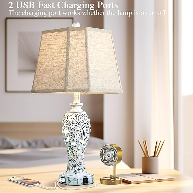25'' Farmhouse Table Lamps Set of 2 for Living Room Bedroom, 2 USB Ports Rustic Vintage Nightstand Table Lamp with Nightlight, Hollow Out Resin Lamp for End Table (Bulbs Included) - Bloomnest
