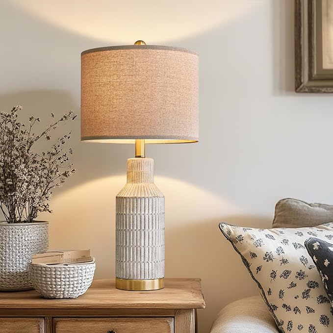 25" Table Lamps Set of 2 - Modern Bedside Lamps for Living Room - White Washed Ceramic Nightstand Lamps for Bedroom - Bloomnest